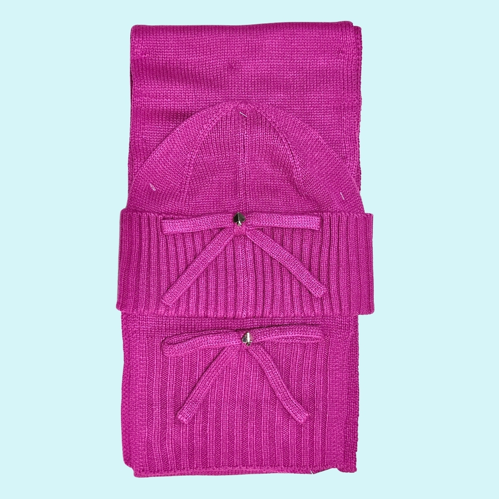 Kate Spade Beanie Hat & Scarf Set Marker Pink Bow Knit Barbiecore Cottagecore